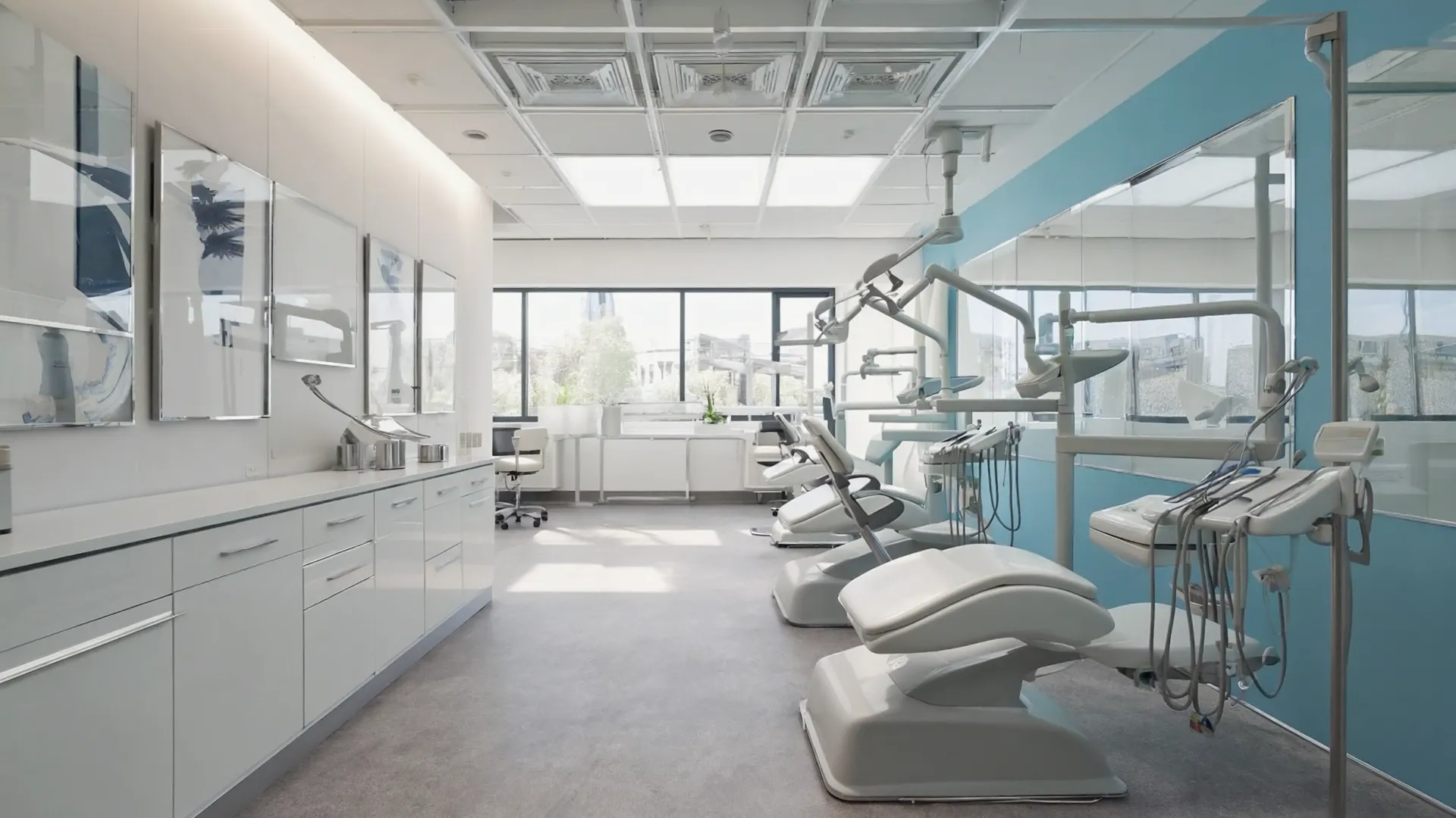 Modern dental clinic interior with natural lighting and contemporary equipment