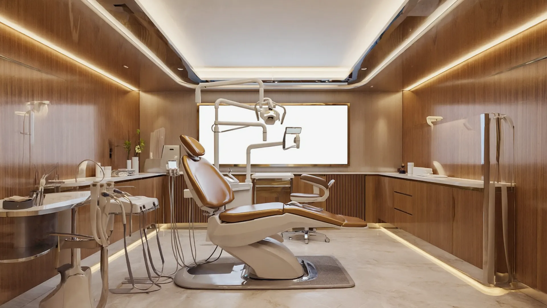Modern dental treatment room with professional equipment and warm lighting