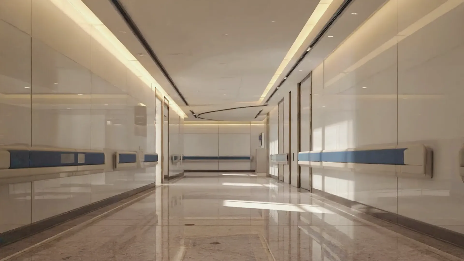 Modern hospital corridor with contemporary medical facility interior
