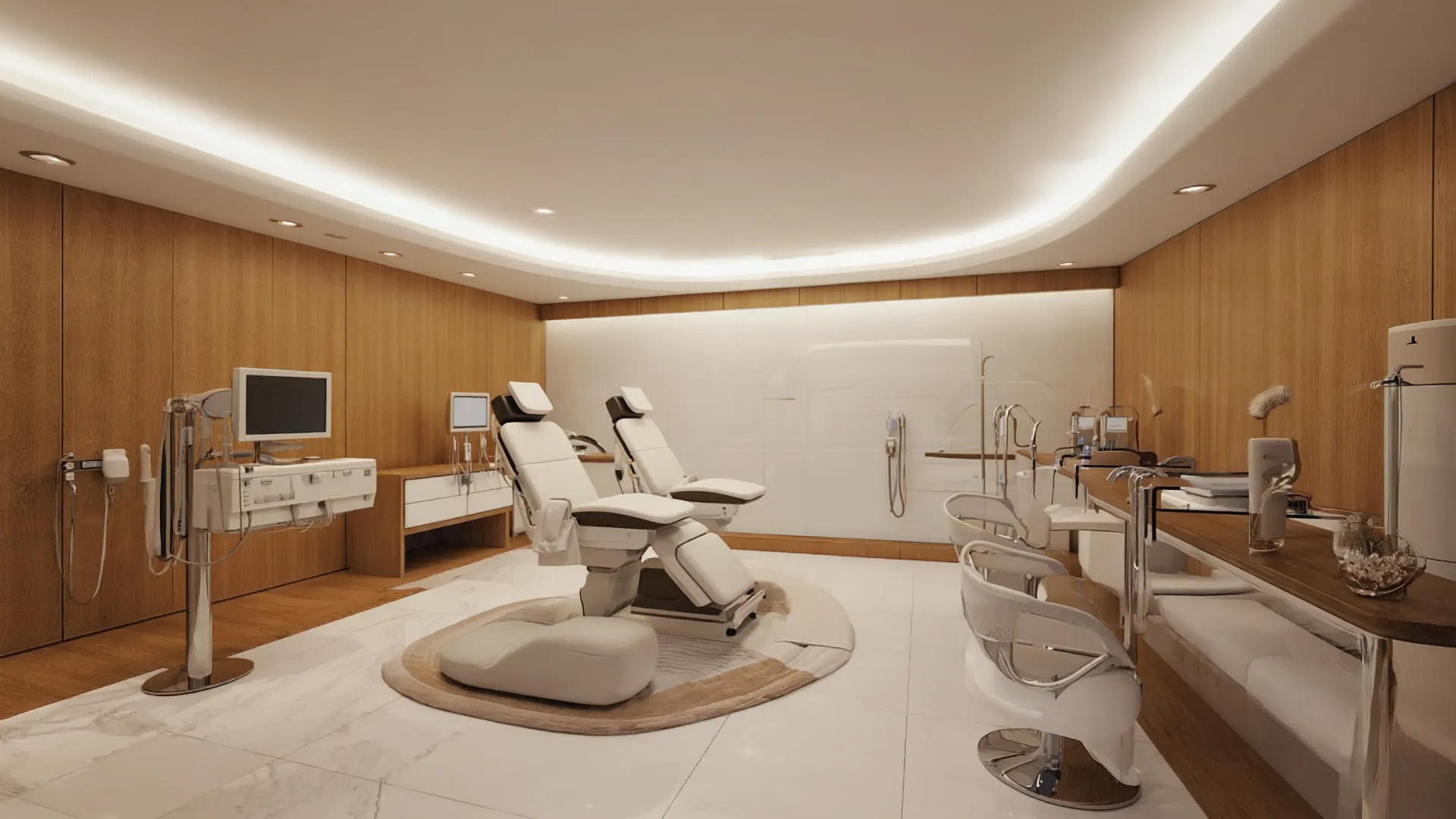 Premium wellness treatment room with modern medical equipment and comfortable seating